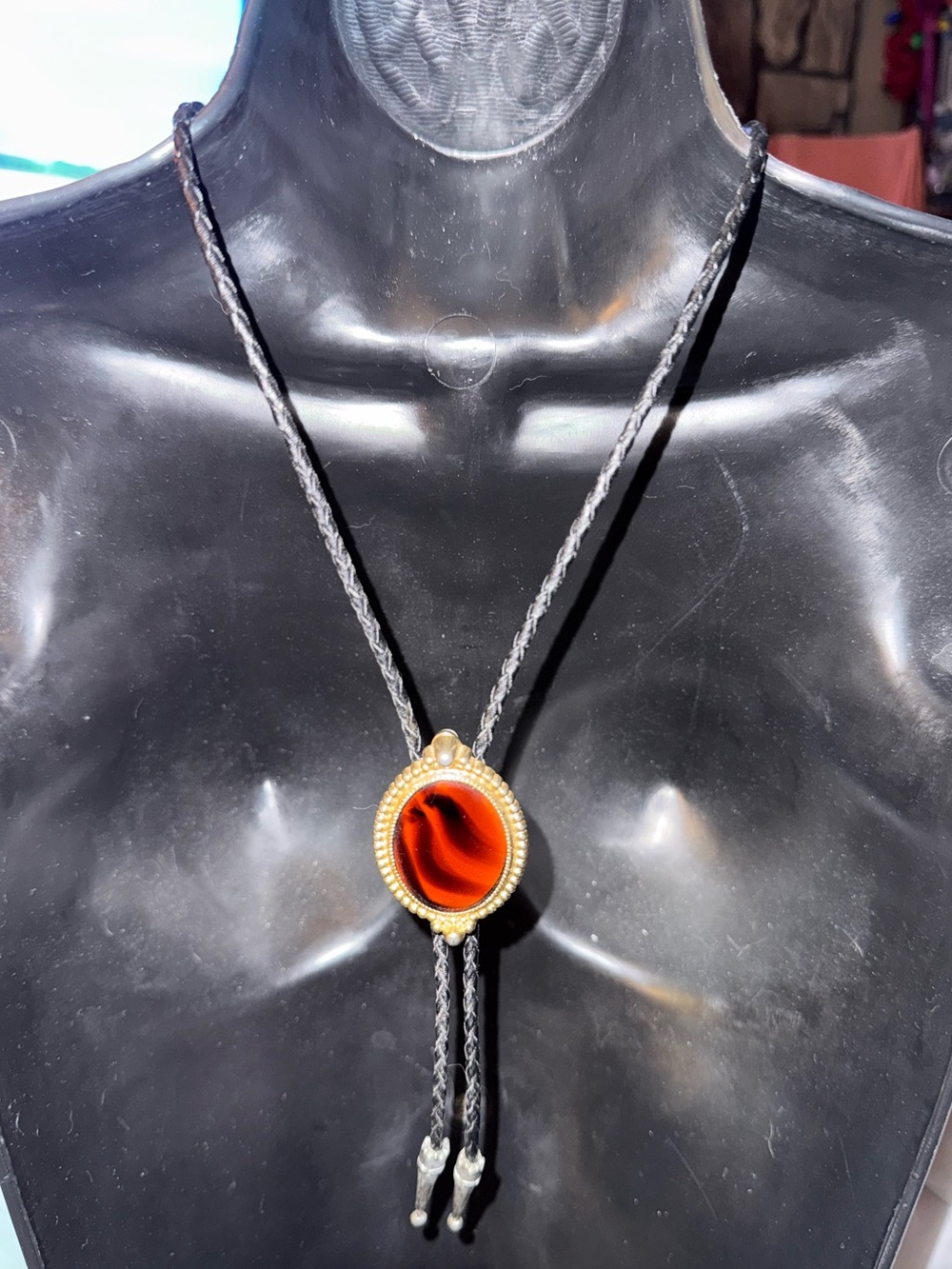 Silver Lace Base Red Jasper Stone Bolo Tie